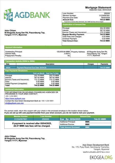 Modèle Word et PDF de relevé d'hypothèque de la Banque Myanmar Asia Green Development (AGD)